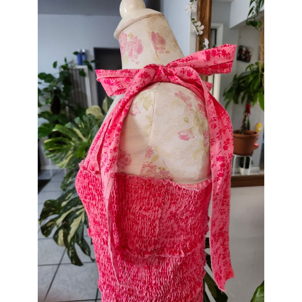 ChcMe Pink Floral Smocked Mini Dress Small Tie Shoulder Coquette Cottagecore 🌸 - Picture 6 of 12